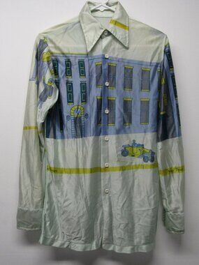 Vintage 70s Prince Ferrari Town People Car Print Pointy Collar Disco Shirt sz S?